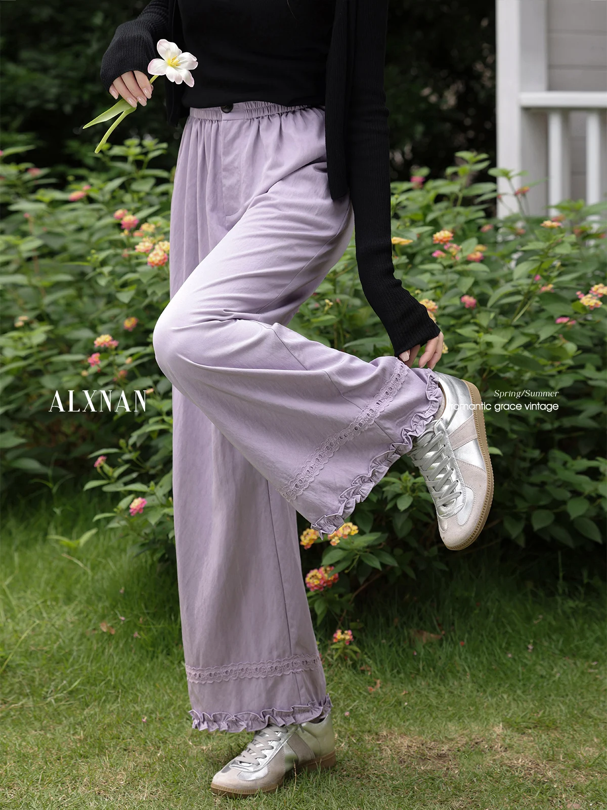 

ALXNAN Women's Purple Pants Casual Elegant Wide-leg Straight Pants Summer Fungus Lace Design Loose-fit Female Trousers L56130