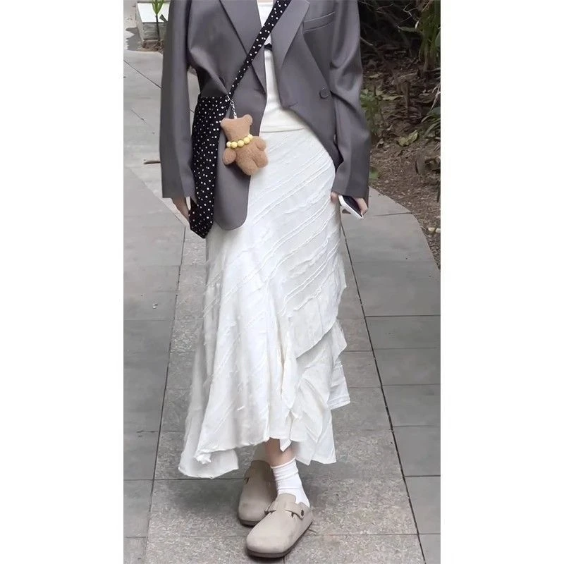 

Irregular Ruffle White Fishtail Skirt Women Spring Summer High Waisted A-line Cake Long Skirts Fashion Falda Aesthetic