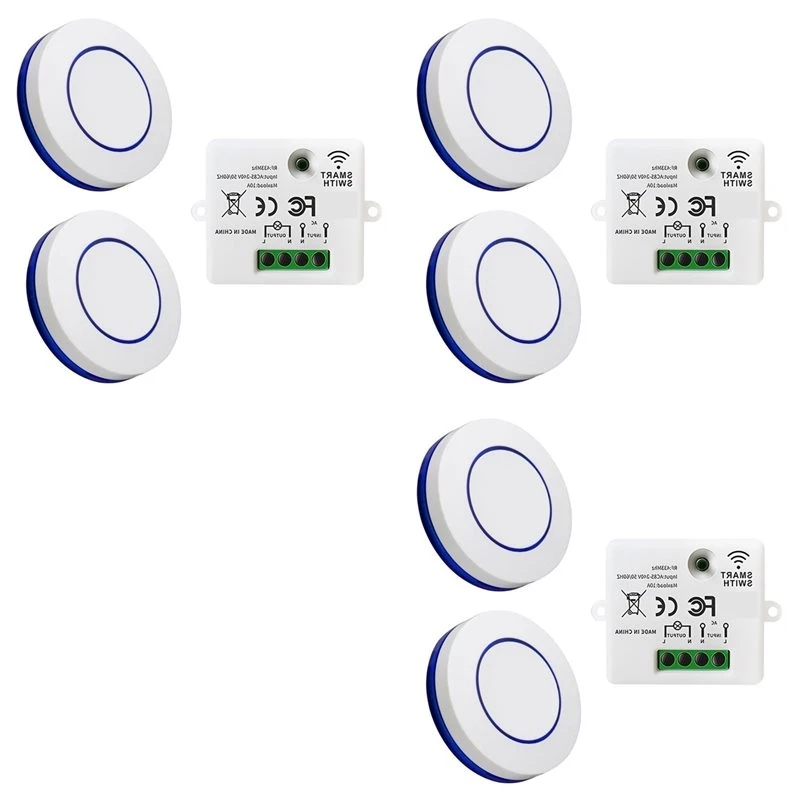 T23C 6X RF 433Mhz Wireless Light Switch 220V 10A Relay Receiver Mini Round Button Wall Panel Switch Remote Control LED Lamp