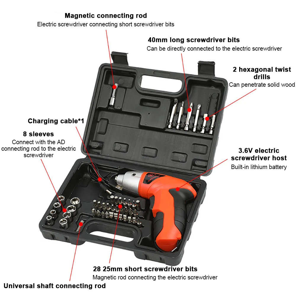 46 قطعة 3.6 فولت الحفر الكهربائية طقم أدوات كهربائية لاسلكية الصيانة المنزلية إصلاح 200 مللي أمبير بطارية ليثيوم مفك منزلي صغير #1