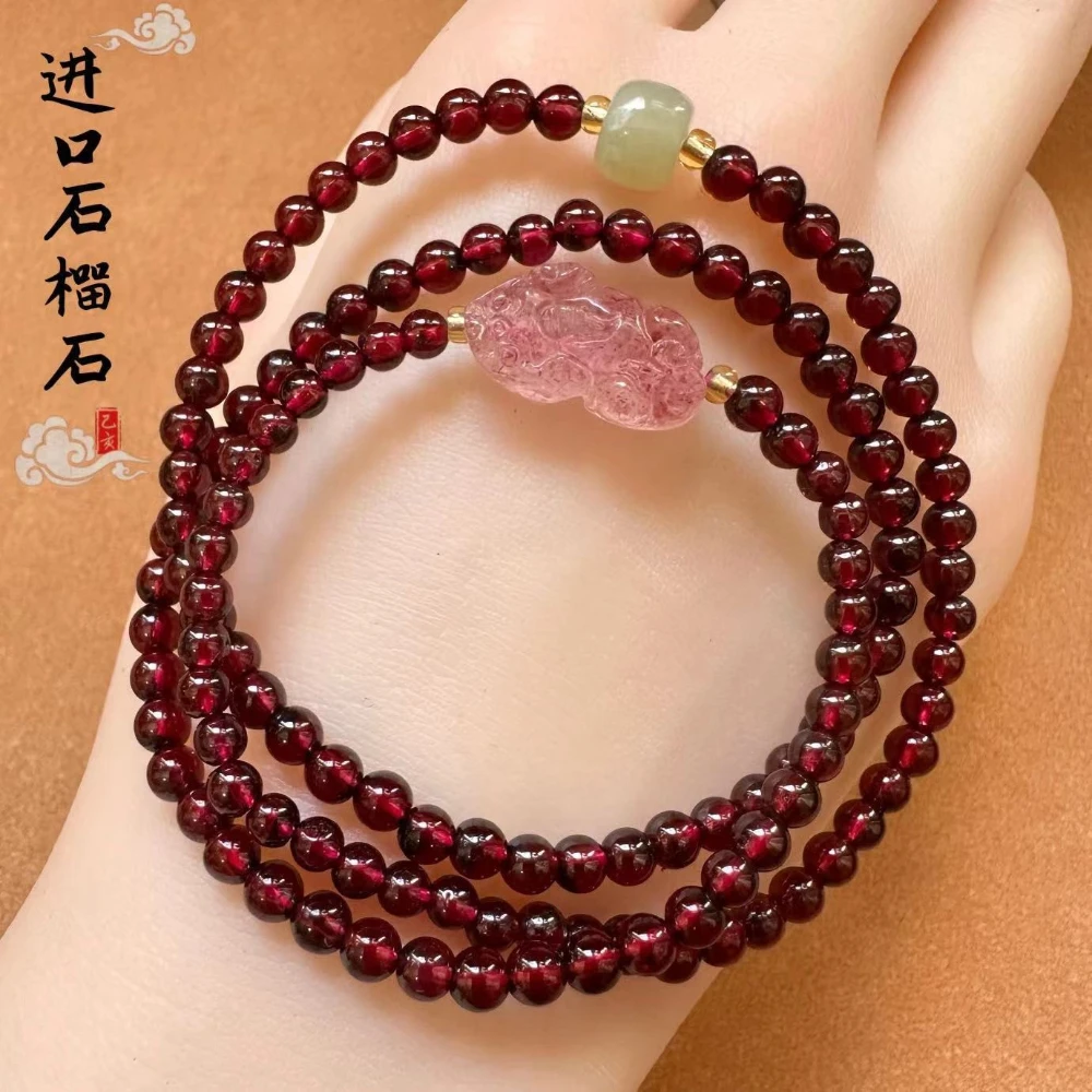 

Natural Garnet Bracelet, Women's Multi-circle Strawberry Crystal Pixiu Crystal Bracelet, Exquisite, Light Luxury, Niche Design