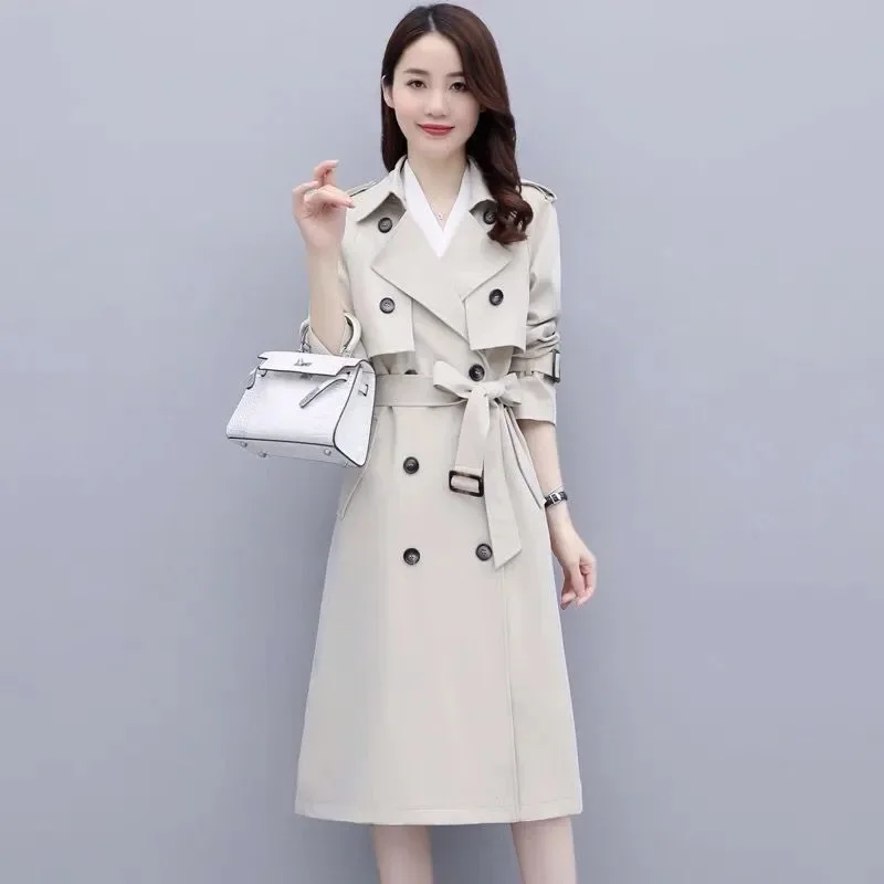 

Women Trench Coat Spring Autum New Fashion Khaki Black Double-Breasted Mid Length Windbreaker Female Outerwear Gabardina Mujer