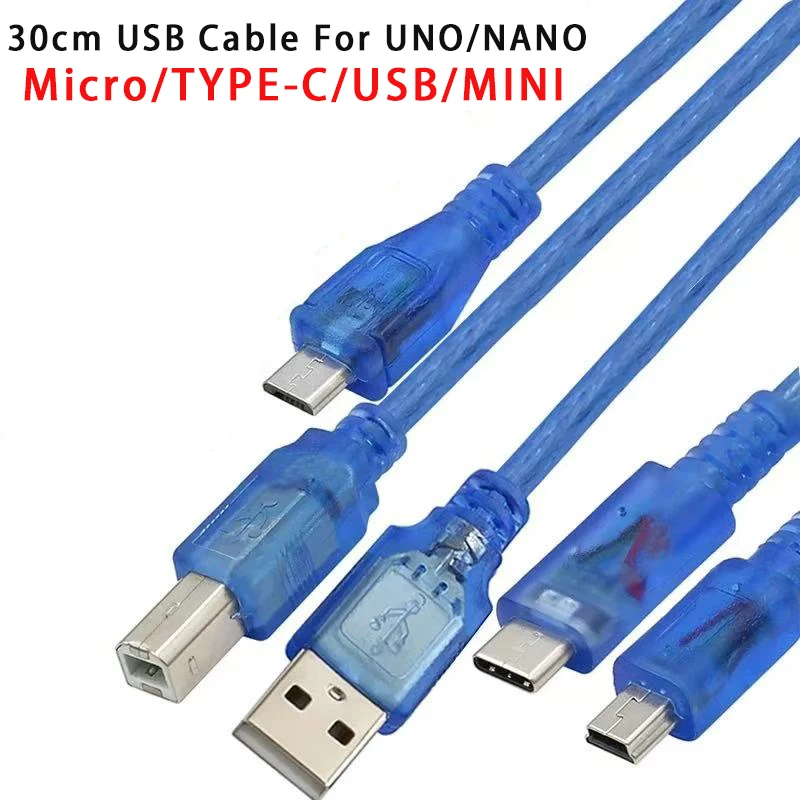 30CM USB Cable for Uno R3/Nano/MEGA/Leonardo/Pro Micro/DUE Blue High Quality A Type USB/Mini/Micro/Type-C USB Cable For Arduino