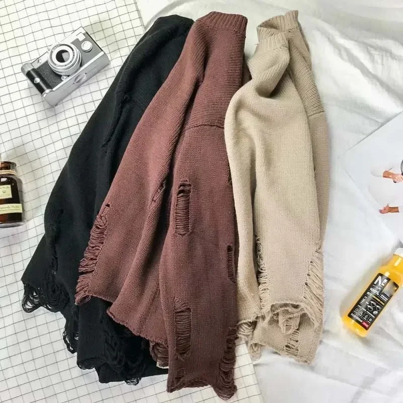 Ripped Loose Sweater Knitted Pullover Cutout Beggar Neck Long Sleeves Trend Korean Style Can Be Worn By Men and Women Punk F38