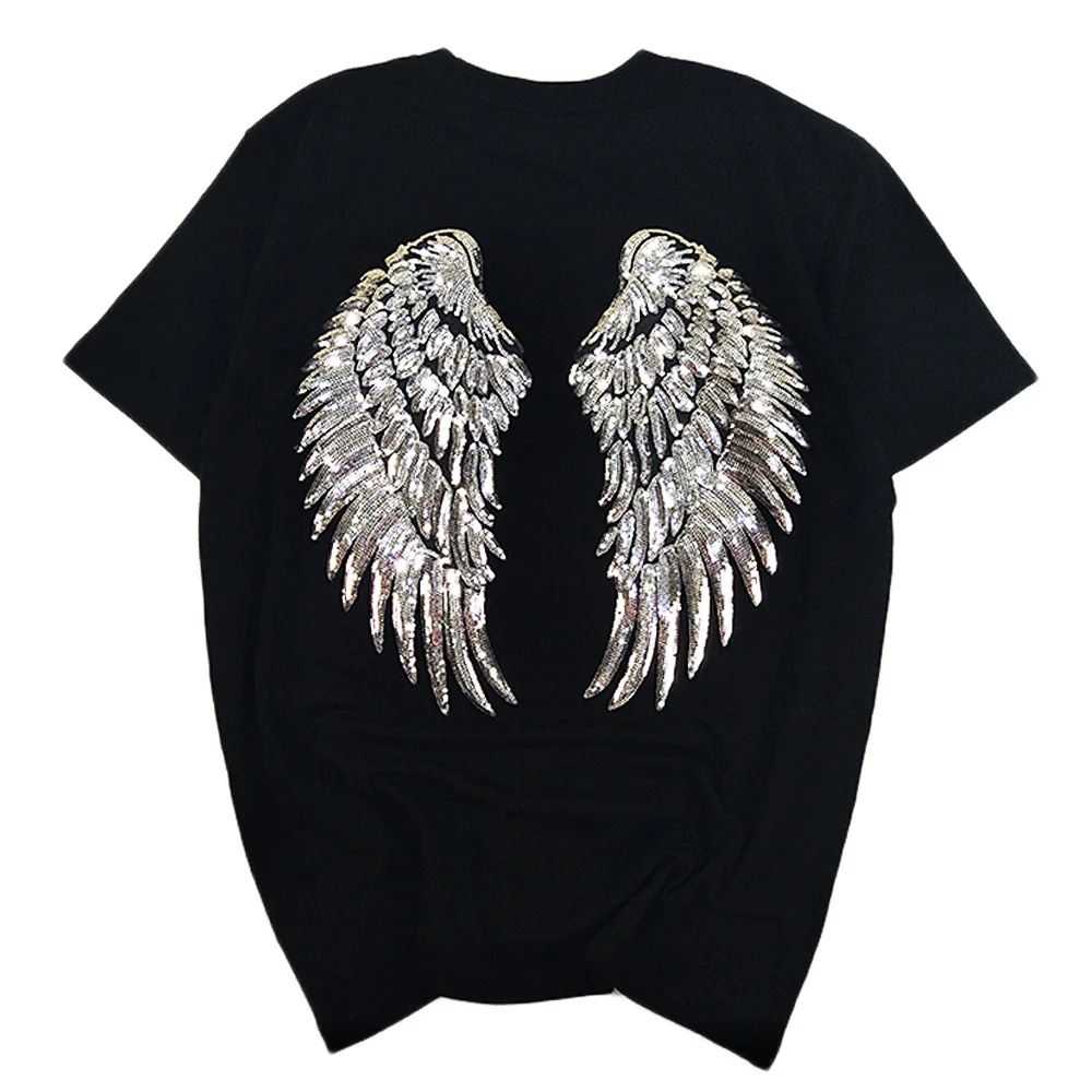 New Fashion Sequin Women Splice T Shirts Casual Angel Wings Man\'s Summer Tops Unisex Embroidery Short Sleeve Sequins T-shirts