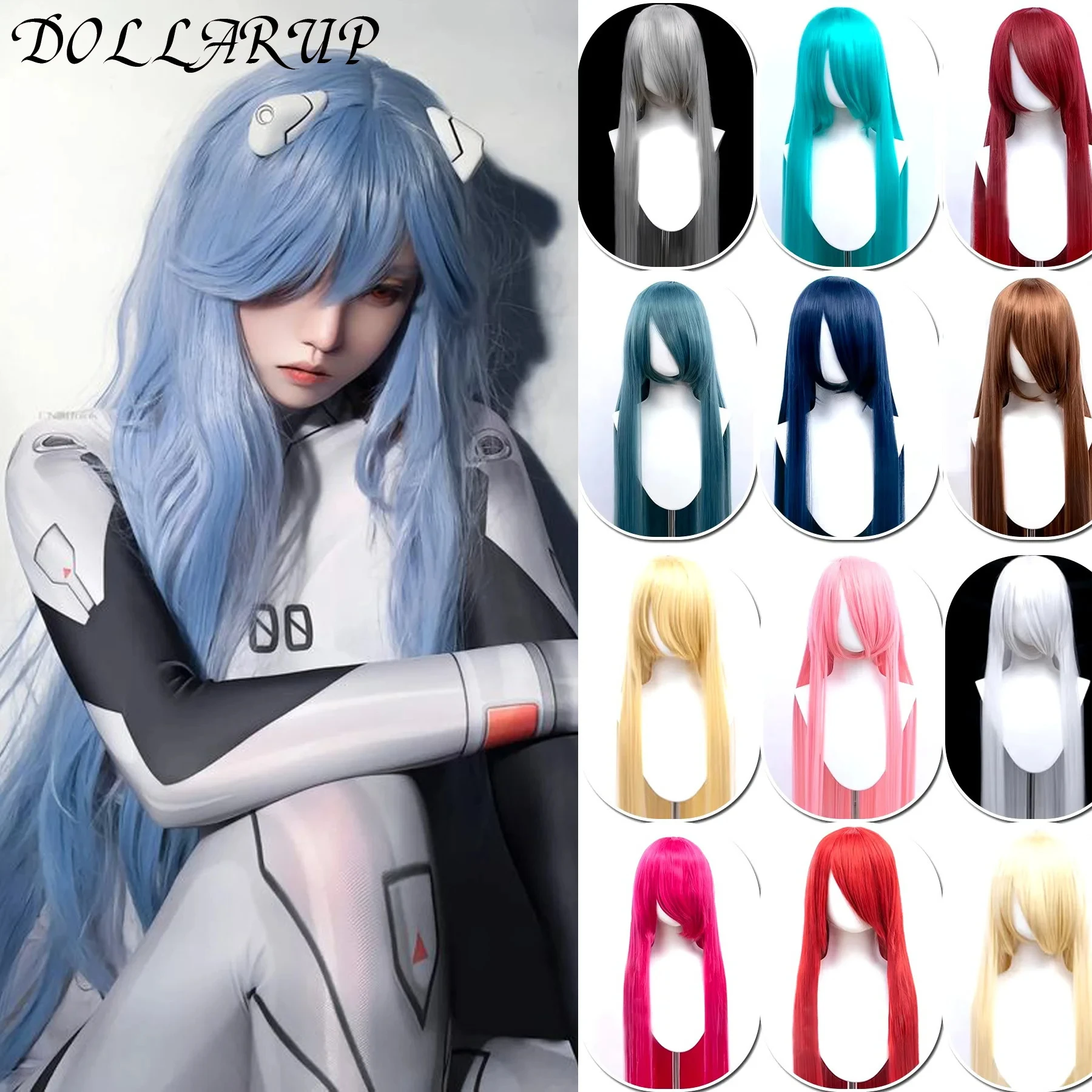 JKL 100CM Synthetic Long Straight Cosplay Wig With Bangs Woman Anime Ombre Wig Pink Green Gold Heat Resistant Wig