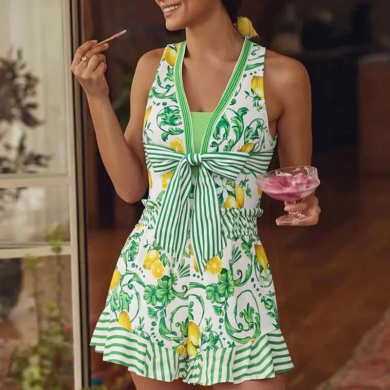 

Комплект бикини, купальник с лимонным принтом и цветком, цельный купальник с высокой талией, женский мягкий купальный костюм, пляжная одежда для купания