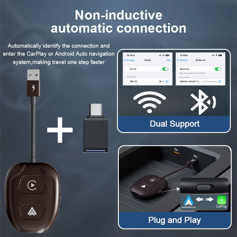 Wireless Apple CarPlay & Android Auto Wireless Adapter, 5.8 GHz Wireless Carplay Dongle for Wired Apple Carplay & Android