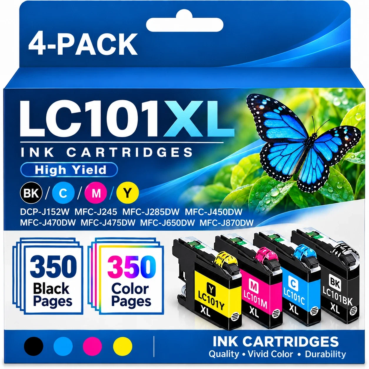 LC101XL Ink Cartridges 4Pack High Yield Compatible for LC101 MFC-J245 J285DW