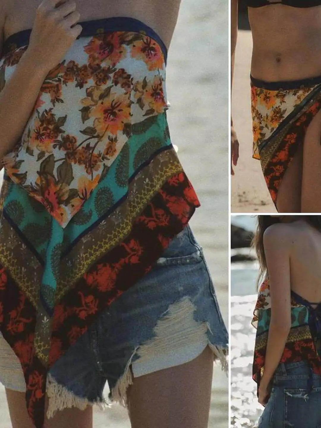 Summer Beach Vacation Style Sweet Double Layer  Knot Buckle Print Wrap Top Women's Tube Tops  Knot Design