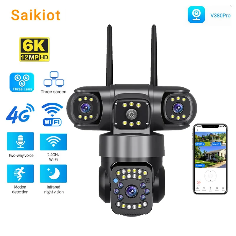 Saikiot 12MP 3 objectif PTZ caméra 4G V380 Pro 3 écran WIFI caméra AI suivi automatique caméra de sécurité sans fil intelligente 3 objectif caméra