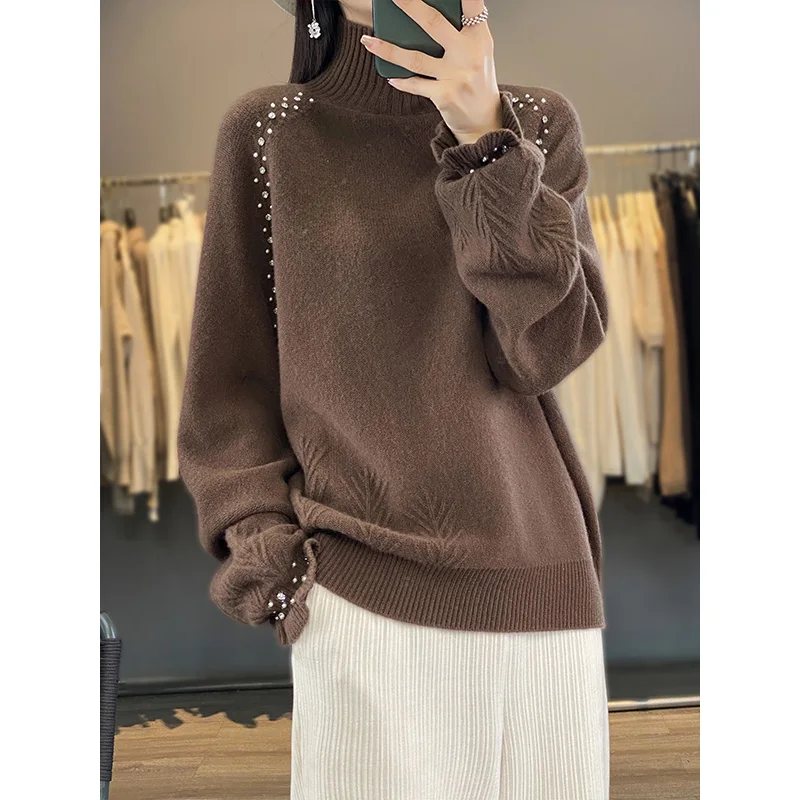 ZOCEPT Merino Wool Sweater for Women Winter High Quality Loose Fit Knitted Pullover with Pearls Diamond Thicken Sweater Pullover