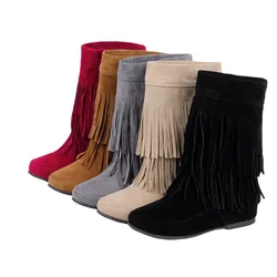 Lady Mid-Calf Winter Boots Round Toe Tassel Shoes Flock Warm Wide Fits Red 45-33 Height Increasing Heels 4cm Grey Botas Zapatos