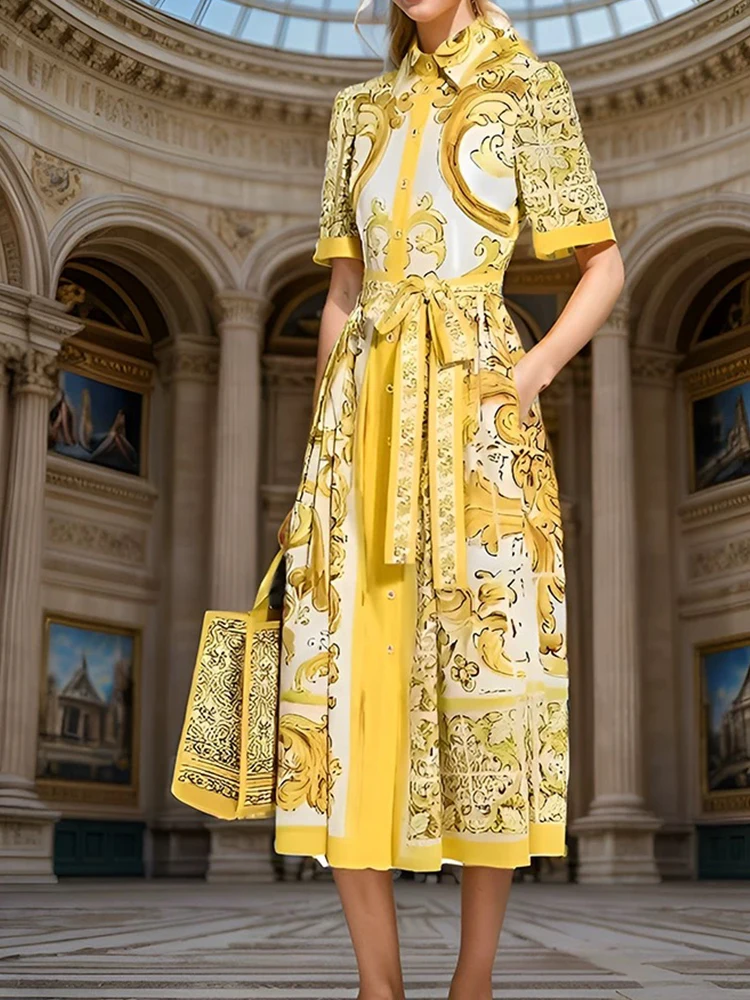 

Fashion summer new women's lapels, short sleeves, single-breasted lace-up waist, long skirt, retro luxury and big swing A-print