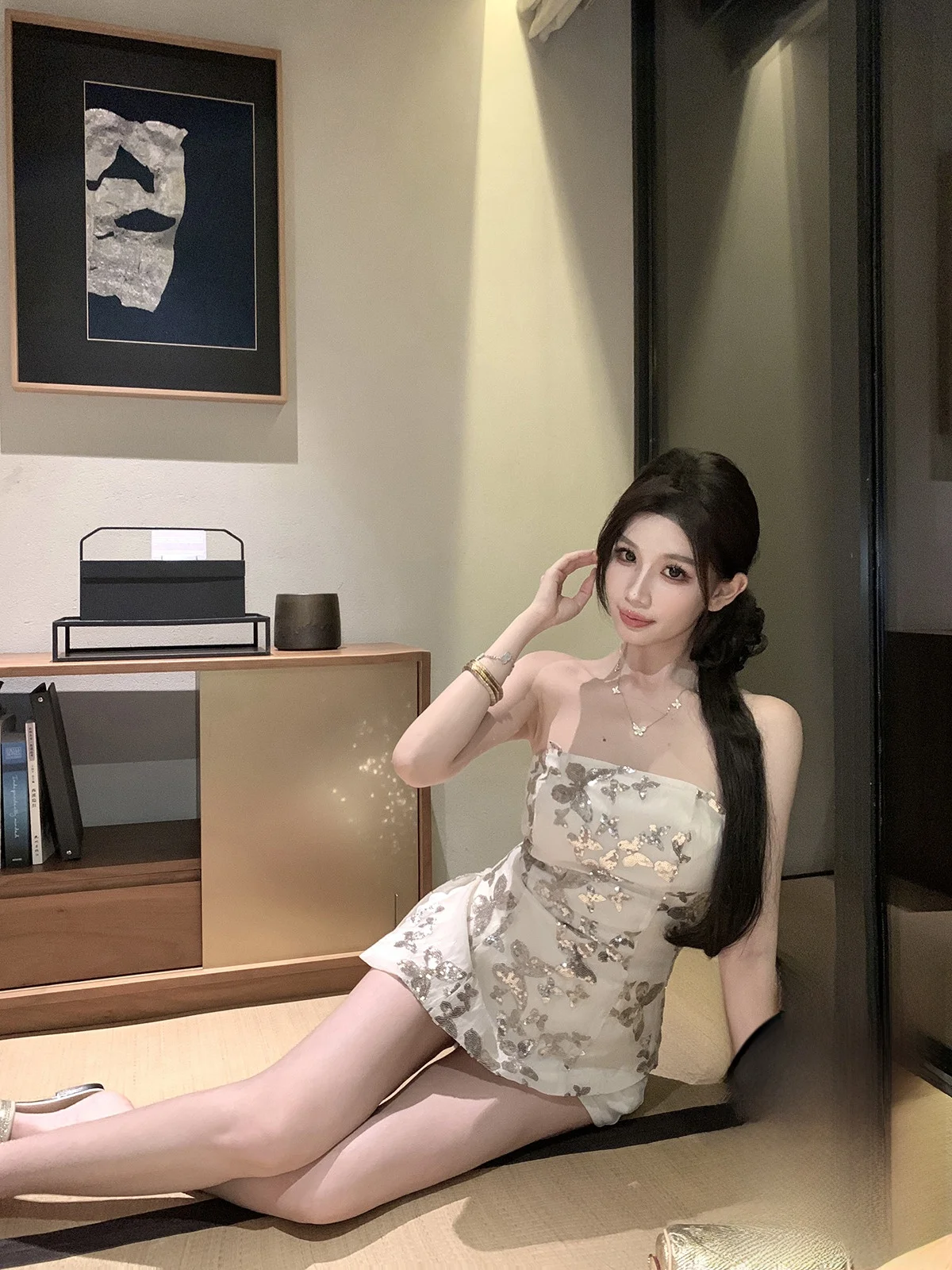 

Kubiliv Gold Dance Heavy Embroidery Irregular Strap One oulder Bustier Korean Sle Commute Suitable for 25-29 Ye...