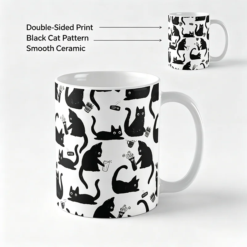 Funny Black Cat Collage Pattern Ceramic Mug Double Sided Print Porcelain Coffee Tea Cup Lovely Creative Gift for Cat Lovers