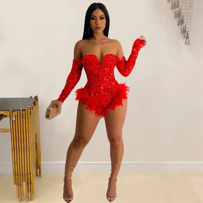 Fashion Sequins Splicing Feather Jumpsuit Women Sexy Backless Long Sleeve Slim Fit Chic Bodysuit Female Party Club Gala Rompers