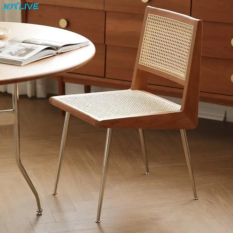 JOYLIVE-Silla de comedor de ratán para uso en el hogar, mueble sencillo de madera maciza, de acero inoxidable, estilo japonés, cálido