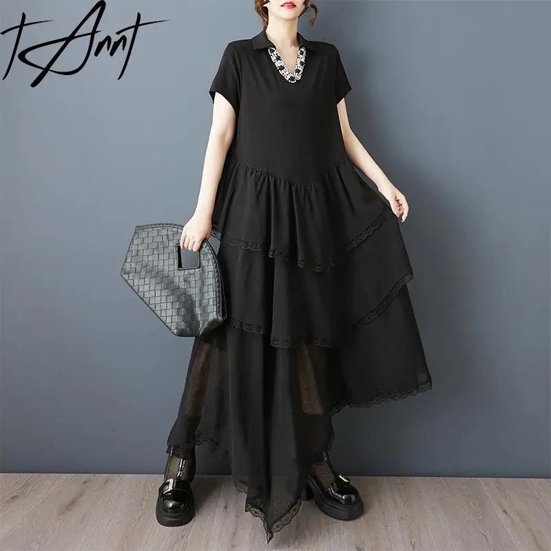 

Tannt Women Dress Lace Patchwork Asymmetry V-neck Casual Dresses For Women Irregular Fashion Long Summer Dresses 2025 New