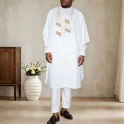 H&D African Clothes for Men White Tradition Wedding Party Clothing Robe Embroidery Shirt Pants 3 Pcs Set Dashiki Agbada Ramadan