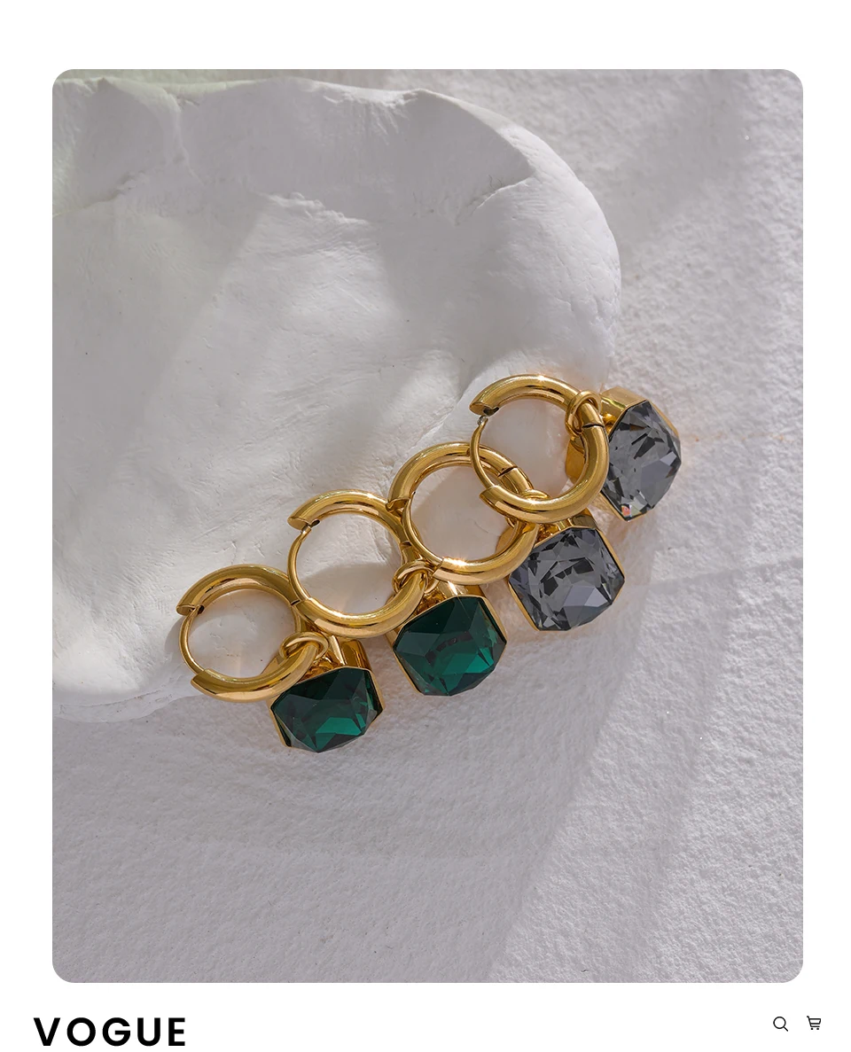 Yhpup Edelstahl-Ohrringe mit kubischem Zirkonia, trendige Ohrringe, 18 Karat vergoldet, grüner quadratischer geometrischer Ohrring-Schmuck – Detail 8