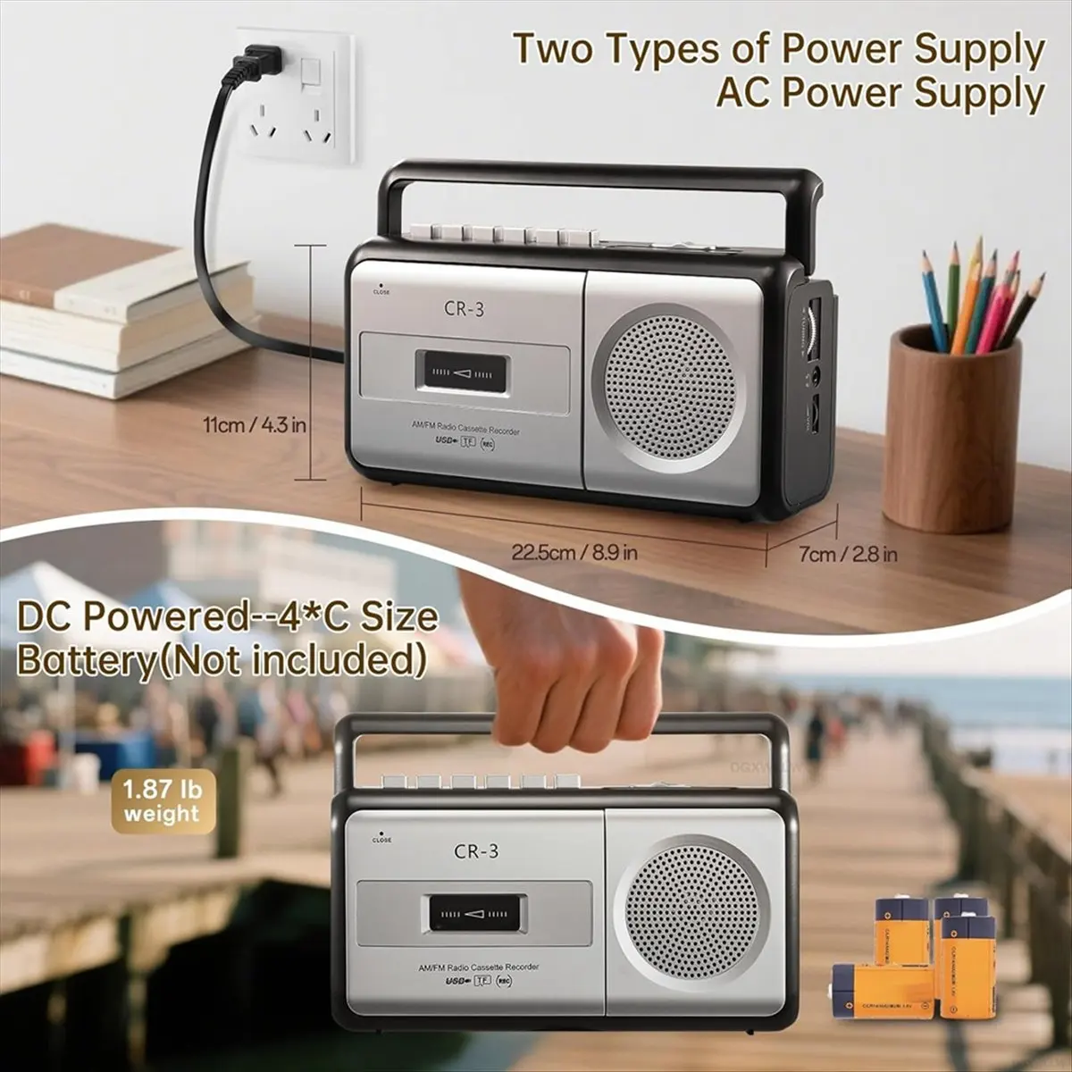 A86G NEW Portable Cassette Tape Player Recorder, AM/FM Radio Stereo and MP3 Player Recorder for Home Outdoor,US Plug