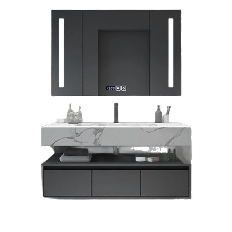 

Bathroom washstand, smart mirror, light luxury rock slab solid wood, bathroom cabinet integrated basin combination