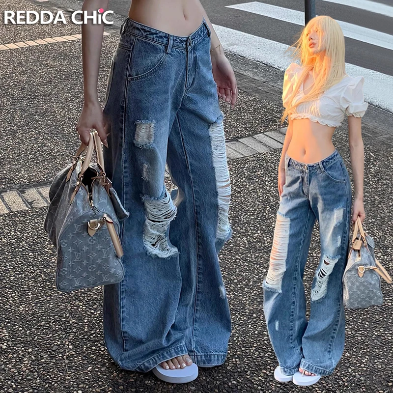 

REDDACHiC Корейские женские рваные джинсы с дырками, уличный стиль, усы, старые свободные брюки с низкой талией, повседневные широкие брюки, одежда в стиле хип-хоп, ретро