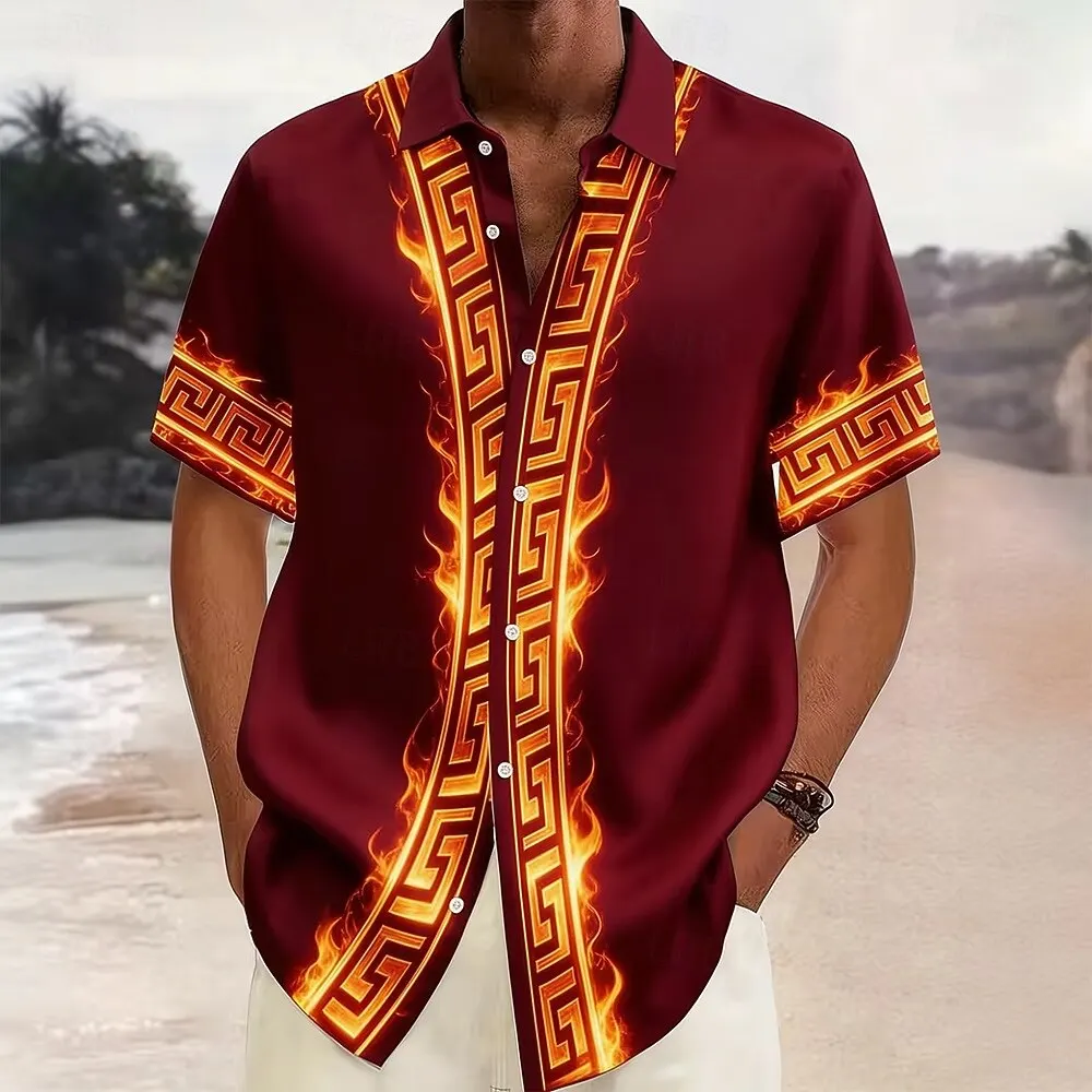 

Men's Casual Streetwear Geometric Pattern Short Sleeve Shirt, 3D Printed Fire Turndown Collar Button Up Shirt for Spring Summer