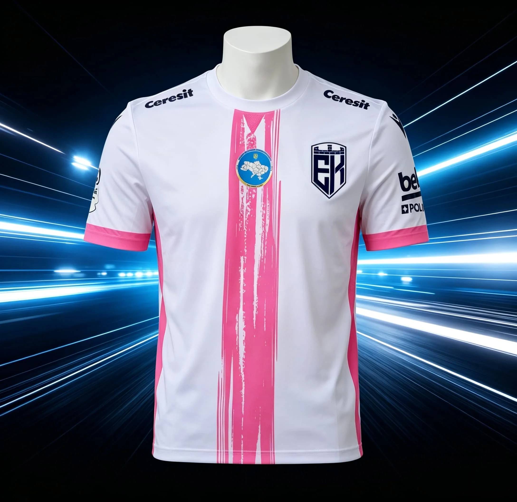 Men Ukraine Soccer Jersey White Pink Vertical Stripe Ceresit Short Sleeve Quick Dry Football Fan Match Uniform Family Matching
