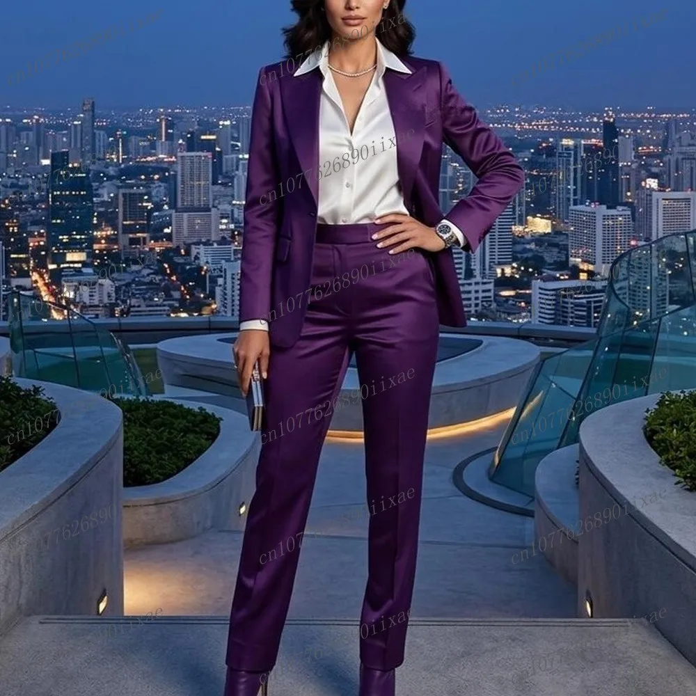 

Purple Acetate Satin Women Suits Lady Formal Business Tuxedos Mother Wedding Party Special Ladies 2 Piece Set Jacket Pants