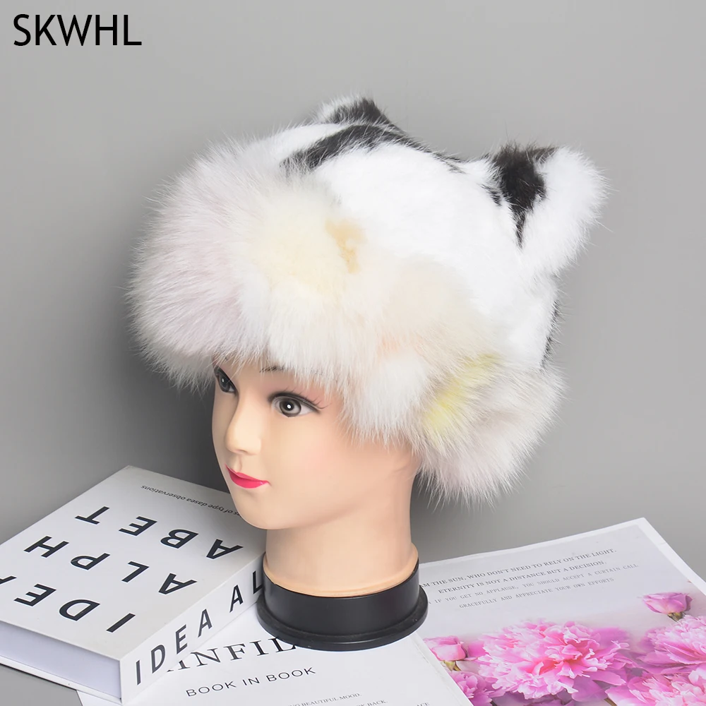 

New Real Fur Hats Winter Hats For Women Natural Rabbit Fur Beanies Real Fox Bomber Hat Fluffy Popular Russian Female Round Cap