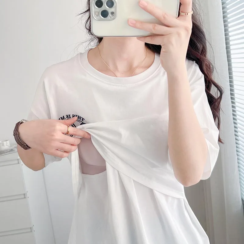 Pregnant Short Sleeve O-Neck Maternity Cotton Nursing Tees Summer Lactation Top Postpartum Woman Breastfeeding T-Shirt Wholesale