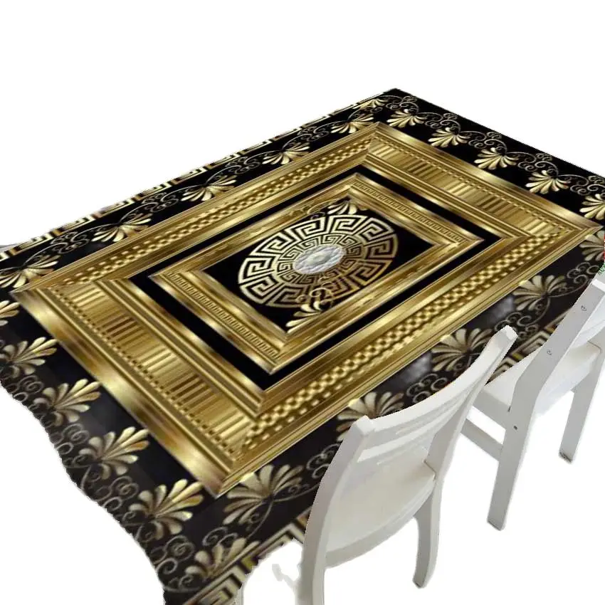 Luxury Black Gold Greece Geometric Rectangle Printed Rectangular Tablecloth For Table And Decoration Waterproof  Tableclot