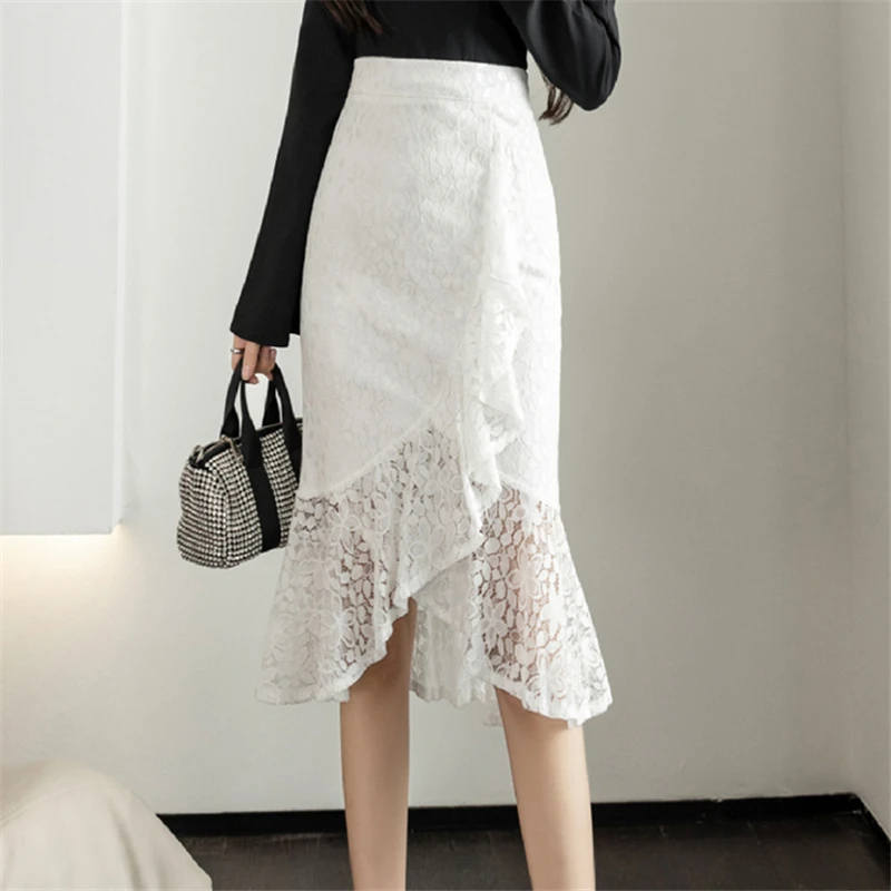 Seoulish 2024 New Lace Irregular Women's Wrap Mermaid Skirts High Waist Elegant Sheath Pencil Office Fishtail Skirts Female