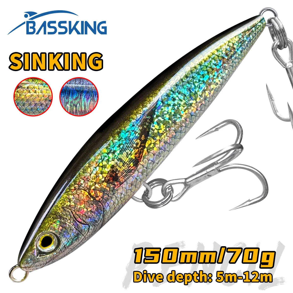 

Воблер BASSKING Sinking Pencil, 150 мм, 70 г, бионический, для ловли щуки, тунца, скумбрии, морского окуня, махи, групера, ваху в соленой воде