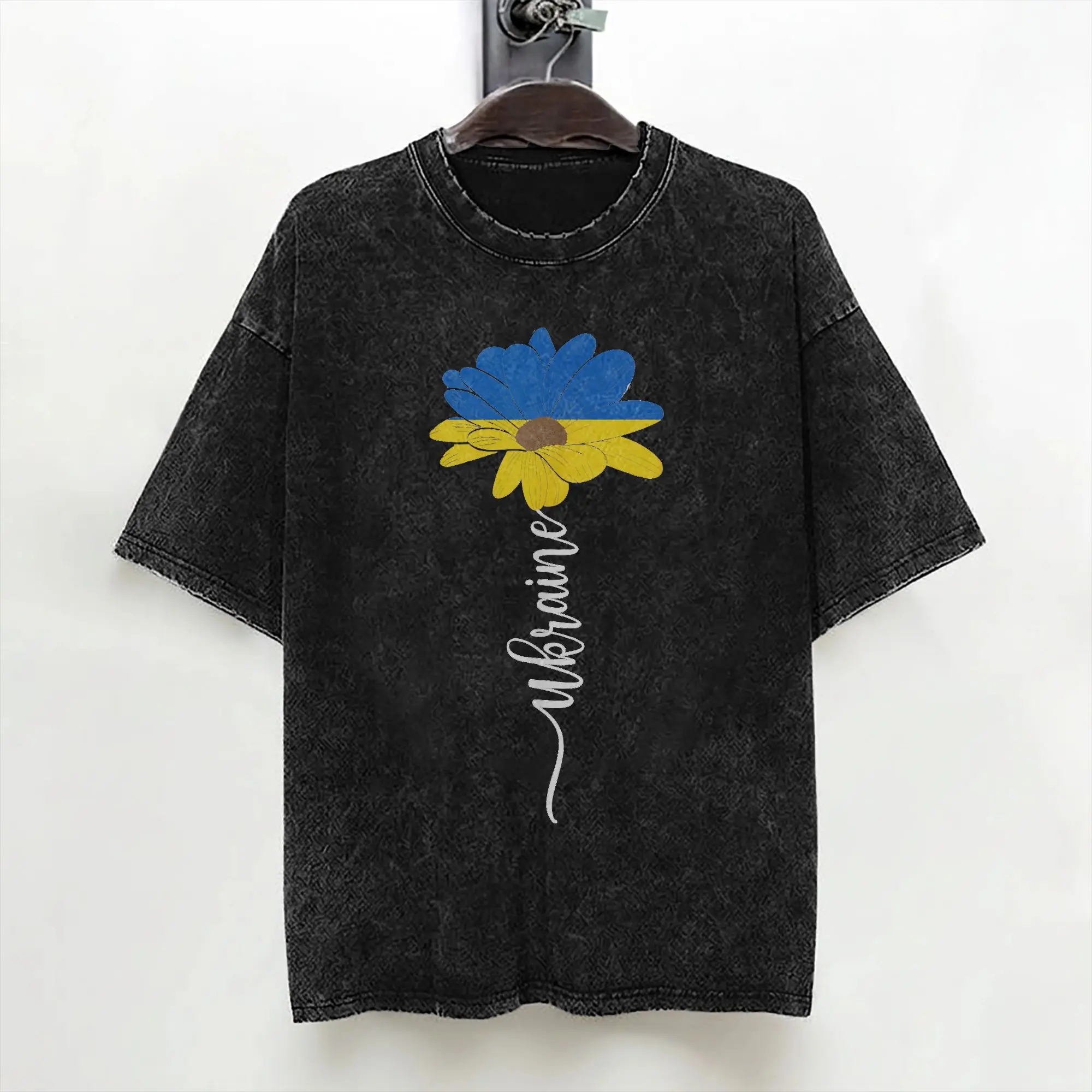 Sunflower Ukrainian Ukraine Flag T Shirt Washed Short Sleeve Street T-Shirts  Fashion Men Women Streetwear Summer Tees