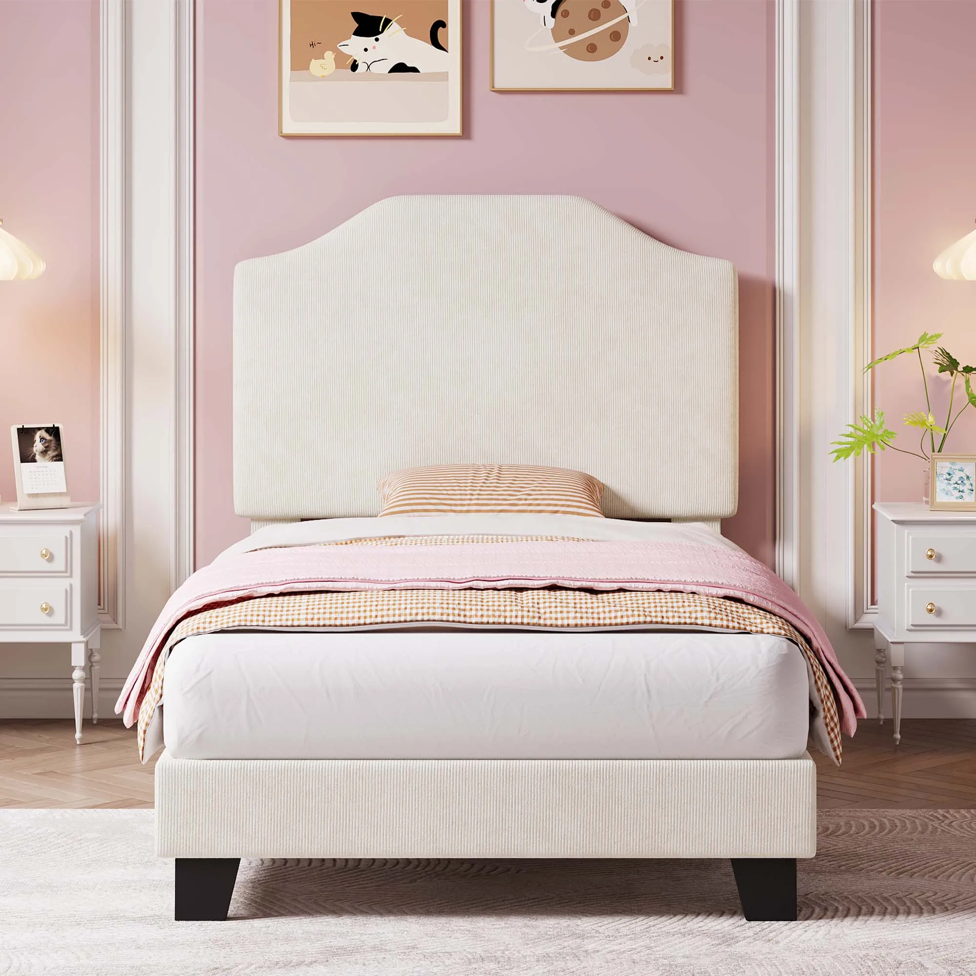 Modern Corduroy Headboard Twin Bed Frame – Sturdy, Noise-Free Platform, No Box Spring Needed – Easy Assembly
