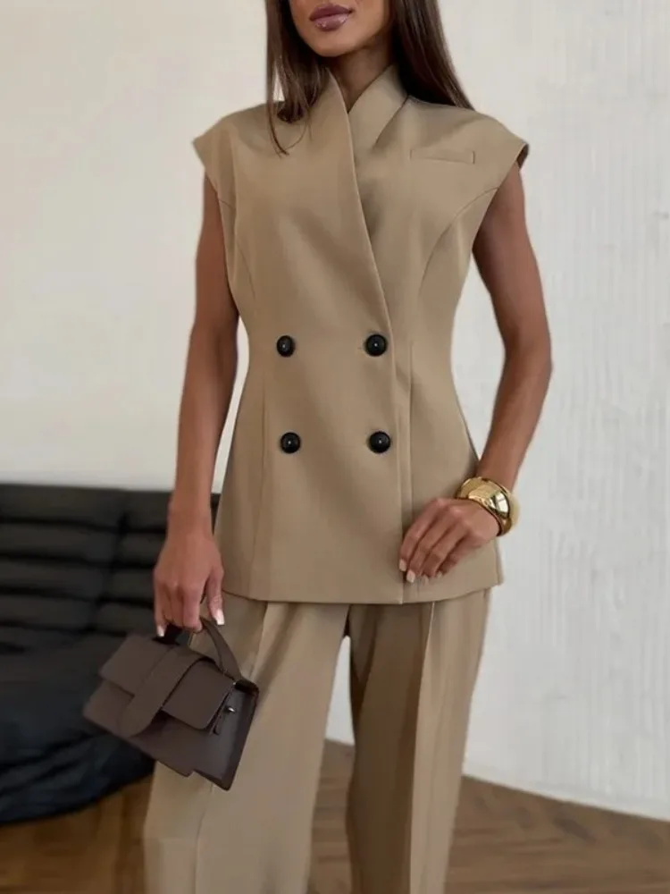 Street Slim Westen-Hosen-Outfit für Damen: Ärmelloses, zweireihiges Tanktop + High-Waist-Hose mit Reißverschluss und weitem Bein – Sommer-Zweiteiler