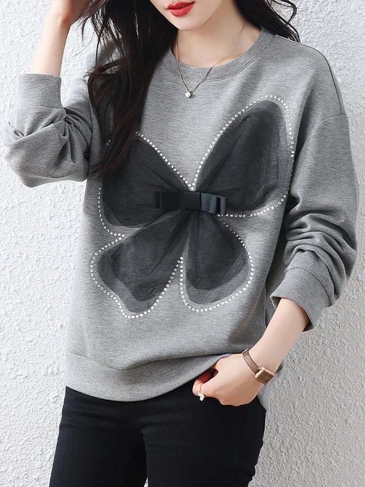 

S-XXXL Big Bow Grey Sweatshirts Women O-Neck New Autumn Winter Stylish Long Sleeve Loose Casual Pullovers Kawaii Streetwear Tops