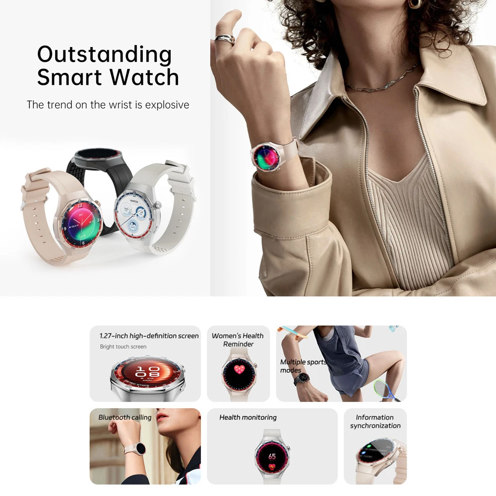 남녀공용 AMOLED 스크린 스마트워치 블루투스 통화 날씨 스포츠 여성용 팔찌 심박수 건강 스마트워치 무선 충전
