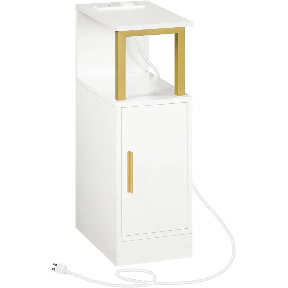 

Elegant White and Gold Slim Nightstand with Charging Station for Small Spaces, Ideal for Bedrooms and Living Rooms
