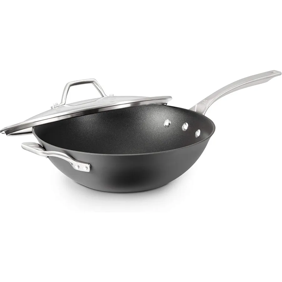 Signature HardAnodized Nonstick Wok 12 FlatBottom for Stovetop and Oven Use PFOAFree Cooking Surface Durable Black Finish Ideal