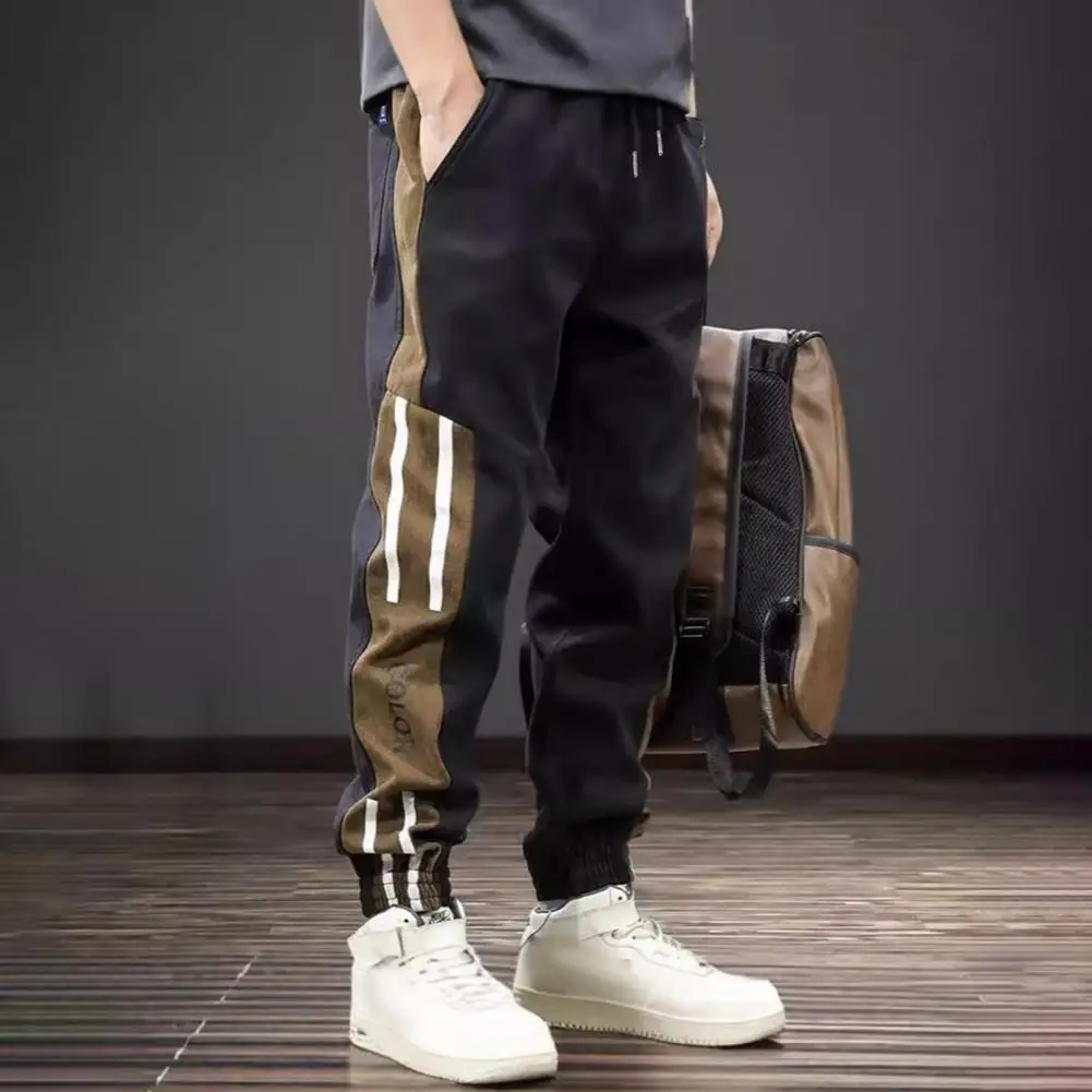 

Ankle-banded Pants Men's Spring Fall Cargo Pants with Drawstring Waist Ankle-banded Pockets Contrast Color Patchwork for Daily