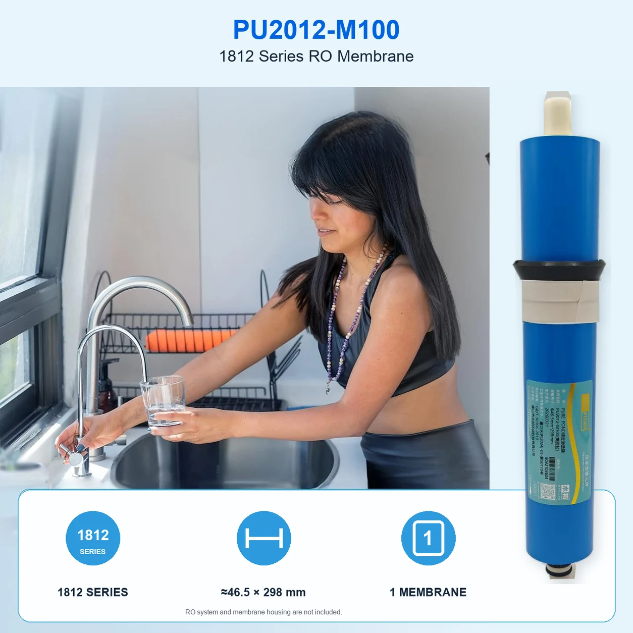 PU2012-M100 1812 Reverse Osmosis Membrane Element for Compatible Under Sink RO Filter Housing