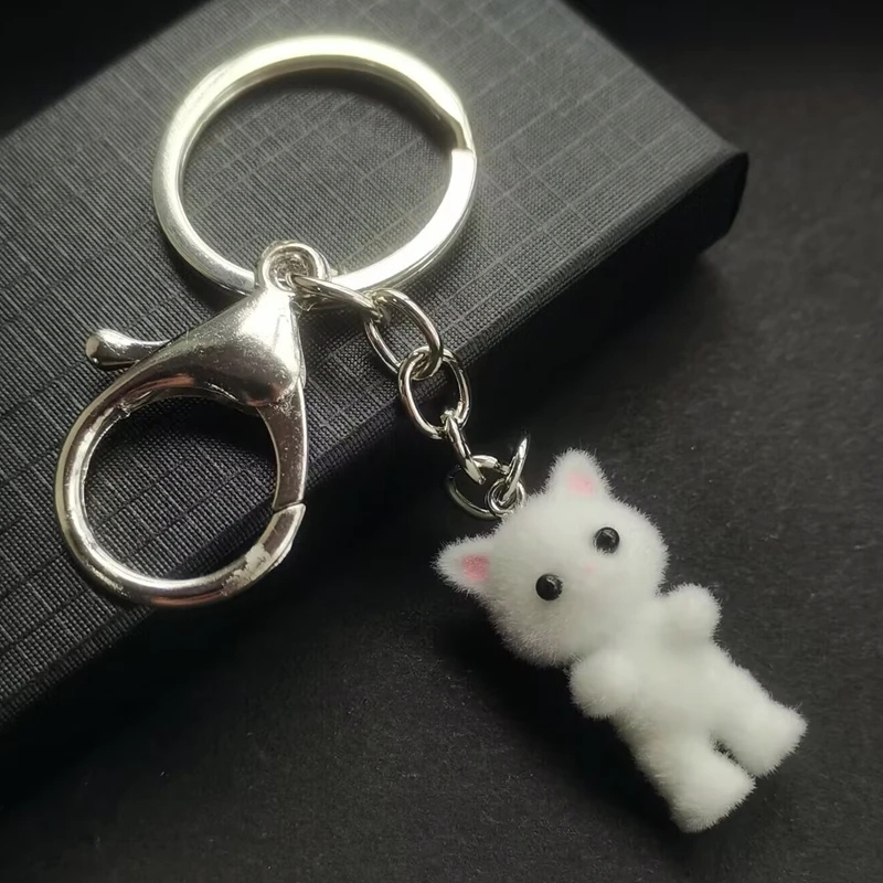 Cute Anime Cat Key Ring with Lobster Clasp, Fluffy Keychain, Gray, White, Pink, Cat Charm for Women\'s Bag, Car Keys Holder