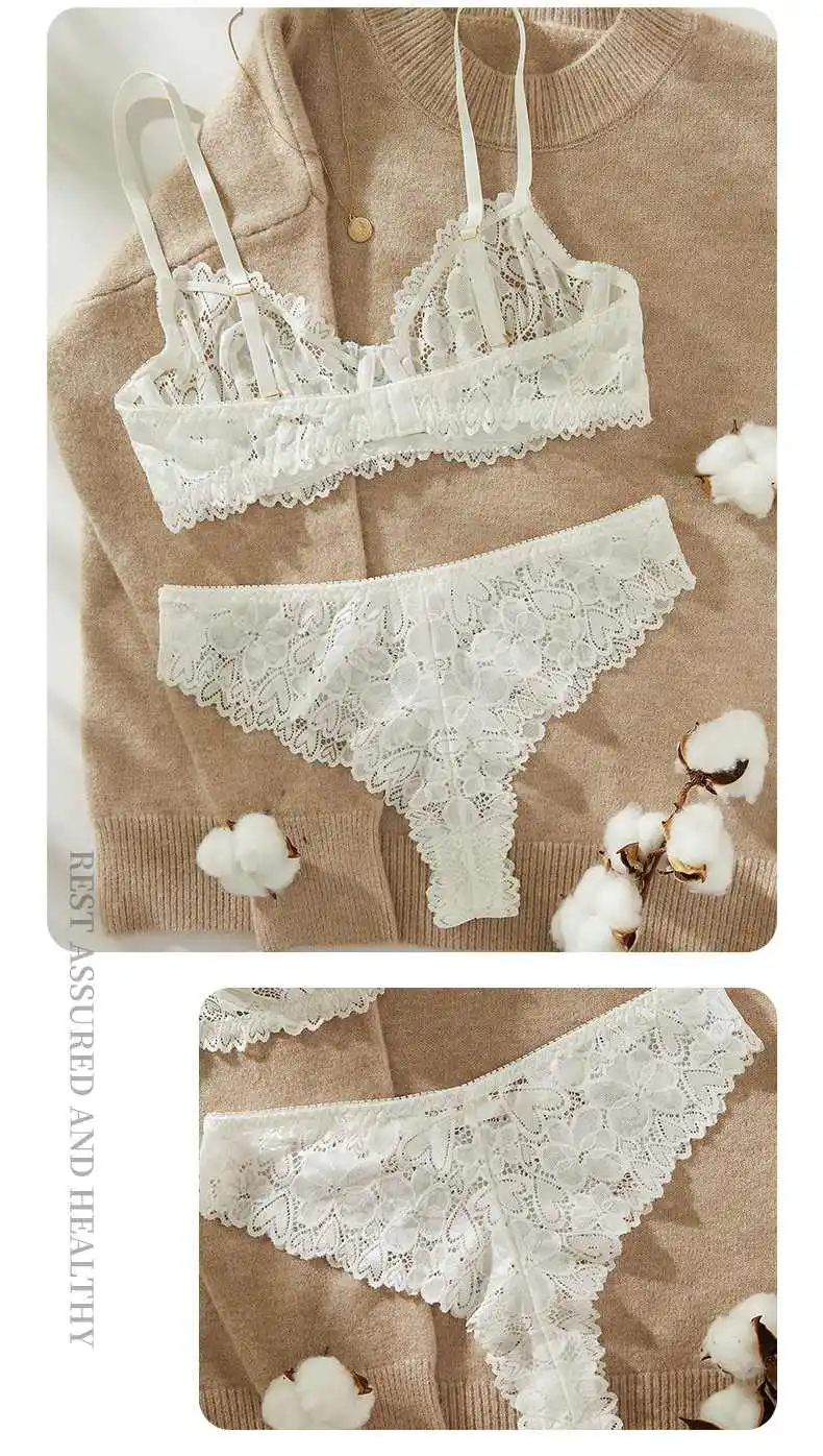 

White Heart Embroidered Lace Deep V Push-Up Bra Set with Padding - Sexy Lift Support Lingerie