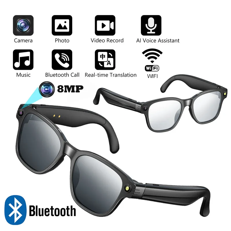 

Smart Glasses With 8M HD camera 1200P anti-shake HD video AI intelligent voice assistant Real-time translation Object recognion