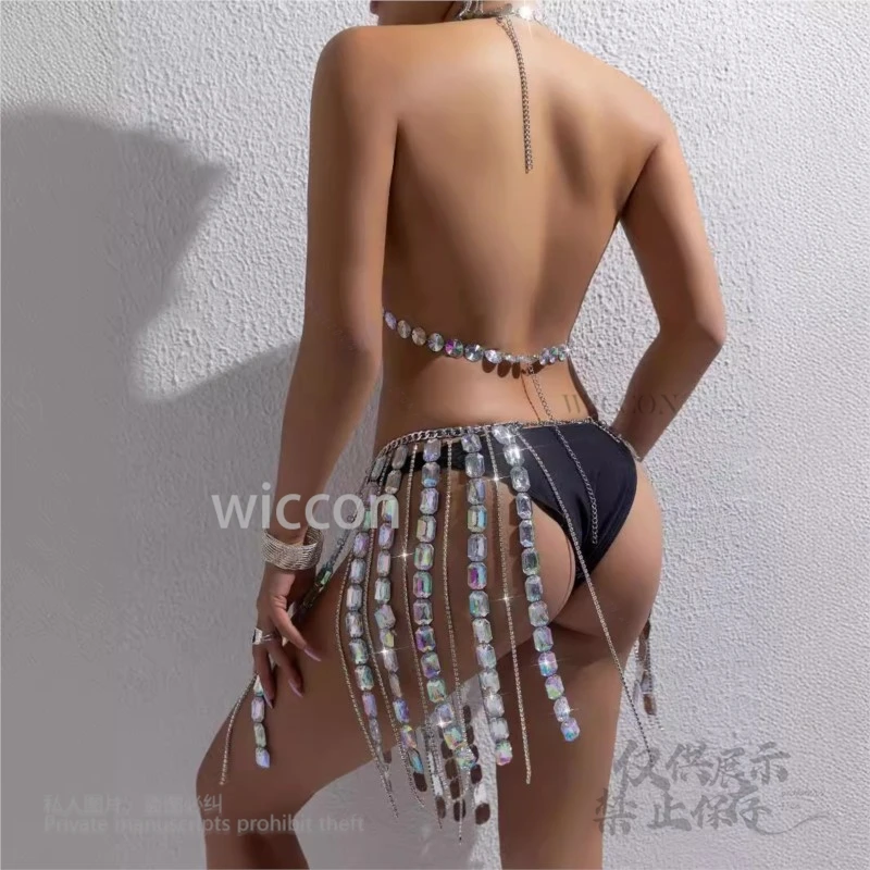 Женский сексуальный блестящий драгоценный камень, красочный кристалл, бюстгальтер без косточек, цепочка для бюстгальтера на груди, цепочка на талию, кисточка, вечеринка на Хэллоуин, ночной клуб, BodyJewel