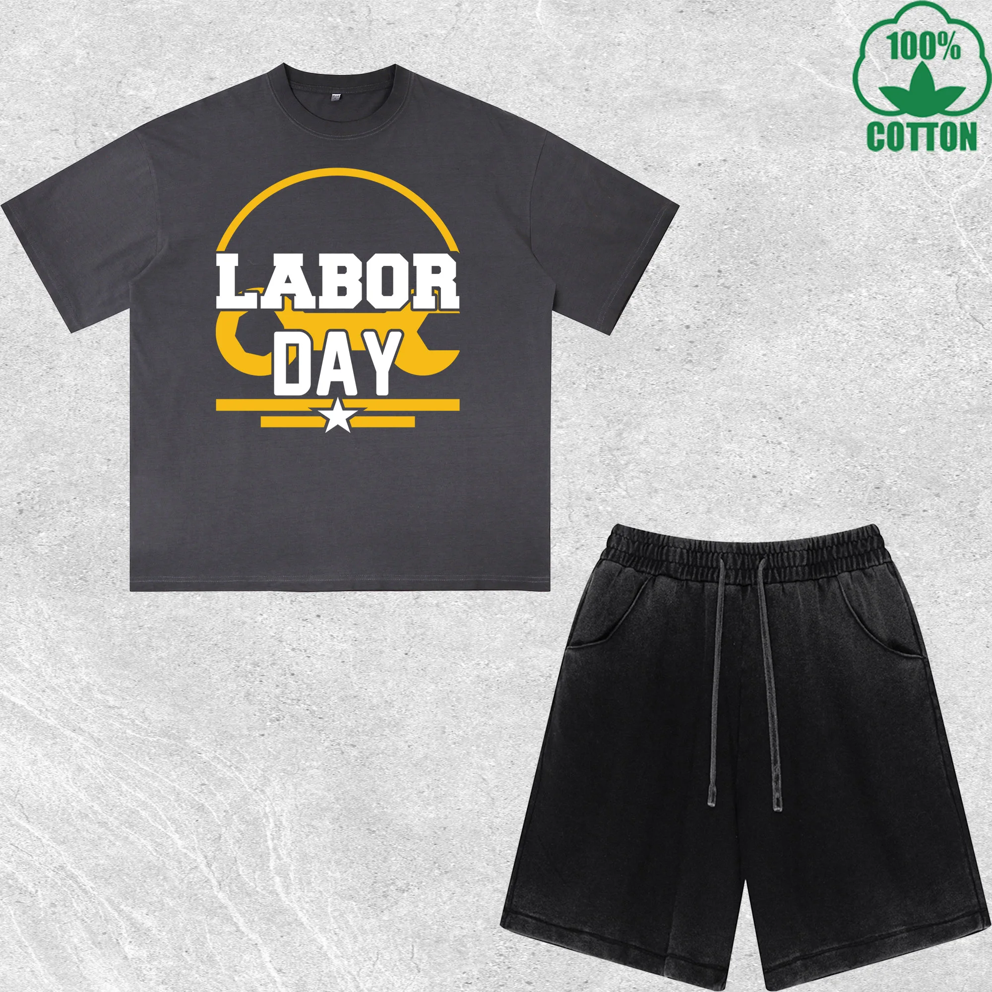 

Labor Day Printed Dirty Wash T-Shirt Shorts Set Multicolor Combo Loose Trendy Fashionable 100%Cotton